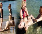 Fetish on the Beach from three sexy mistress in latex domina and fucks slaves guy