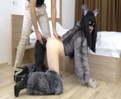 Sexy kitty begging for a dick! Furry fuck in leather boots, fur coat, foxtail anal plug from fur boots