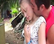 Lucky dude fucks a small pale blonde with nice tits in the woods from dude fucks