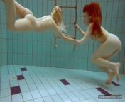 Two hot chicks enjoy swimming naked in the pool from girls swims undress boob show fun