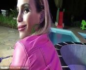 Gorgeous shemale with pink jacket gets a cumshot on her big from fuck girl xxx brazil shemale