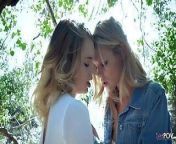 Lesbo blondes strip each other off in the woods before from private lesbo