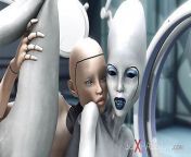 Female sex android plays with an alien in the sci-fi lab from sci cuex and man sex with