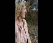 Caryl walking (flashing) in the woods from sheer leggings nature walk with fat booty flashing