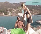 Sindee Jennings loves having sex outside next to swimming pool from teen riding black meat pole