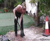 Plumper blonde in lingerie seduces garden worker from workar plumber man
