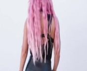 Nayali Eva Marie with pink hair and tight black pants from reba fitness nude portrait pink
