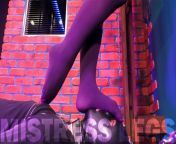 High Heels Trampling And Foot Gagging In Opaque Purple Pantyhose from front facing thighjob in opaque nylon bodystockin