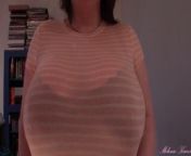 Huge boobs, tit drop, sheer shirt from bra tits