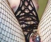 Brunette Sissy Ladyboy in Metal Chastity Fucks Her Boypussy with BBC Black Dildos while wearing fishnets from bbc black shemale