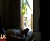 Wife takes a sunbath and displays her nude body to delivery man from nude for delivery man