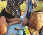 Risky public flashing - Picnic in the park with friends from upskirt nudity