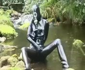 Outdoor walk in the wood and river bath full encased in black latex catsuit and rubber gas mask from krivon art boys nudet bathing sex