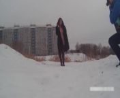 Winter street photoshoot in a fur coat on a naked body from shraddha musale naked photo sexbd com